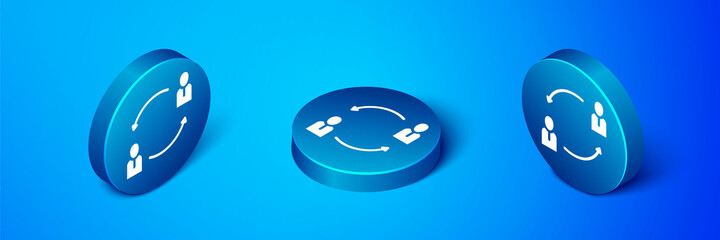 Isometric Human resources icon isolated on blue background. Concept of human resources management, professional staff research, head hunter job. Blue circle button. Vector.