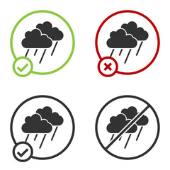 Black Cloud with rain icon isolated on white background. Rain cloud precipitation with rain drops. Circle button. Vector.