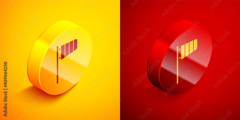 Poster isometric cone meteorology windsock wind vane icon isolated on orange and red background. windsock i
