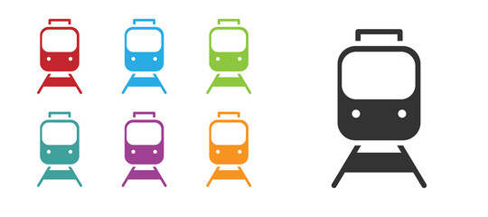 Black Train and railway icon isolated on white background. Public transportation symbol. Subway train transport. Metro underground. Set icons colorful. Vector.