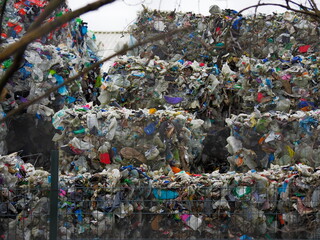 recycle waste plastics stacked in bales