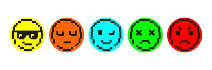 Smile faces in pixel art. Various emoji icons. A set of different faces emotions. Cool in sunglasses, brooding, funny, dead, angry. Сollection of digital flat 8 bit icons. Vector illustration.