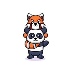 A cute friendship between a panda and red panda