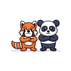 Obraz na płótnie Canvas A cute friendship between a panda and red panda