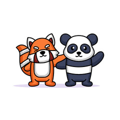 A cute friendship between a panda and red panda