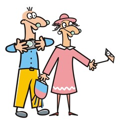 Senior couple, man and woman with camera, humorous vector illustration
