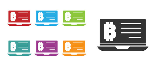Black Mining bitcoin from laptop icon isolated on white background. Cryptocurrency mining, blockchain technology service. Set icons colorful. Vector.