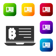 Black Mining bitcoin from laptop icon isolated on white background. Cryptocurrency mining, blockchain technology service. Set icons in color square buttons. Vector.