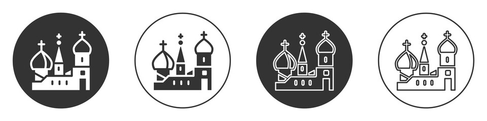Obraz premium Black Moscow symbol - Saint Basil's Cathedral, Russia icon isolated on white background. Circle button. Vector.