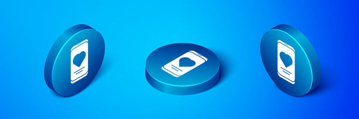 Isometric Smartphone with heart rate monitor function icon isolated on blue background. Blue circle button. Vector.