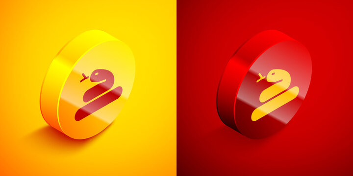 Isometric Snake icon isolated on orange and red background. Circle button. Vector.