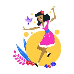 Happy young woman listening and dancing to music or song with headphone plugged to smartphone or phone. Girl enjoying music - Simple flat vector illustration.