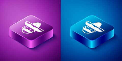 Isometric Mexican man wearing sombrero icon isolated on blue and purple background. Hispanic man with a mustache. Square button. Vector.