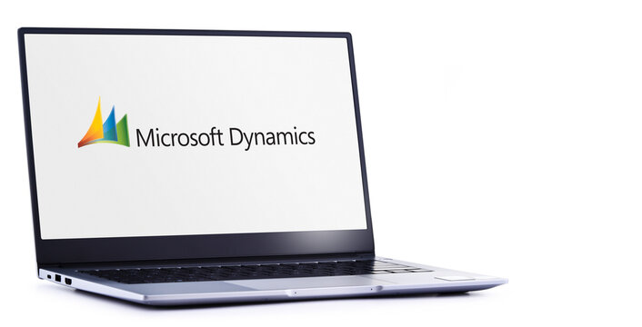 Laptop computer displaying logo of Microsoft Dynamics