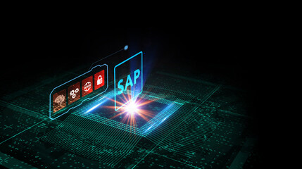 SAP System Software Automation concept on virtual screen data center. Business, modern technology, internet and networking concept.