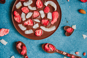 Diet dark chocolate without sugar based on cocoa and stevia with the addition of freeze-dried...