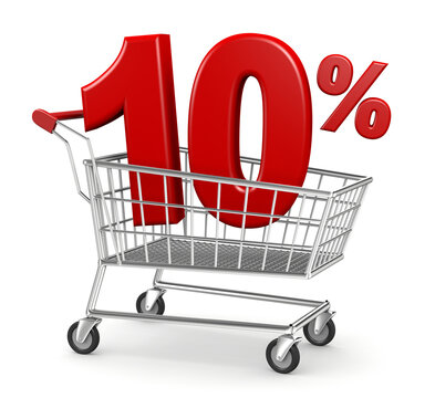 3d illustration shopping cart with 10% discount