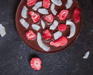 Diet dark chocolate without sugar based on cocoa and stevia with the addition of freeze-dried...