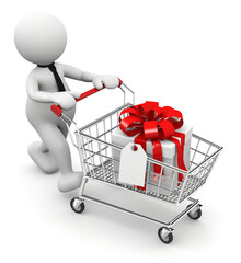 3d man with shopping trolley and gift box