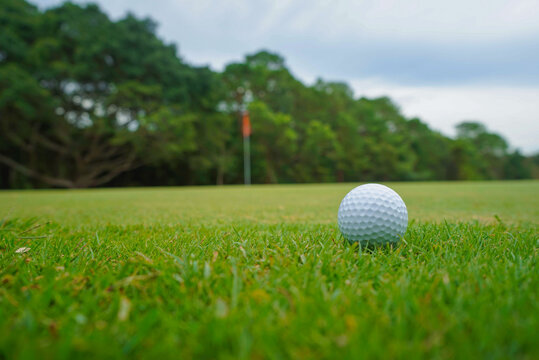 Golf ball on green in the evening golf course with sunshine in thailand.