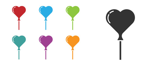 Black Balloons in form of heart with ribbon icon isolated on white background. Set icons colorful. Vector.