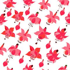 Fototapeta na wymiar Various options for fuchsia flowers red and pink colors endless wallpaper.Vector floral seamless pattern.Cute botanical background.Trandy fabric design,wrapping paper.Vector illustration.