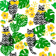 Rolgordijnen Modern abstract simple yellow flowers,leaves monstera  and black and white striped cats endless wallpaper.Vector floral seamless pattern.Cute botanical background.Trandy fabric design,wrapping paper. © Alla