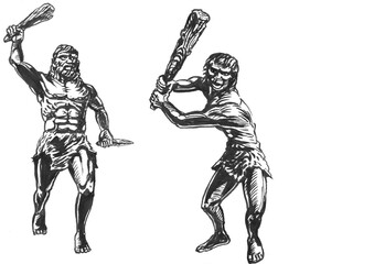 Fototapeta na wymiar Neanderthal man (Homo sapiens neanderthalensis). Bigfoot, Yeti. Watercolour illustration, format