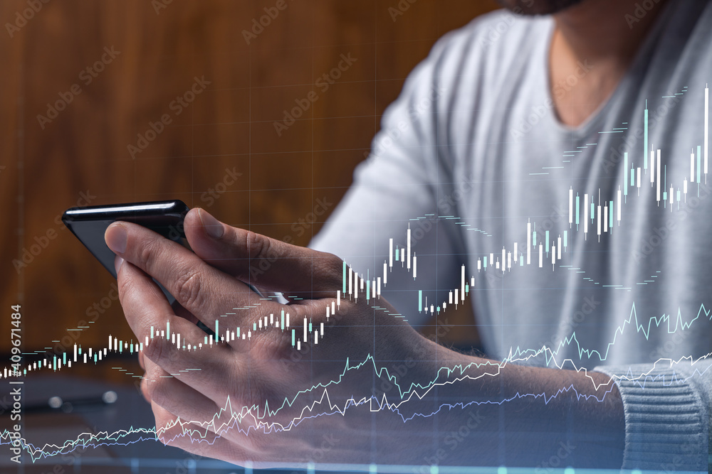 Poster trader holding in the hands a smart phone and researching stock market to proceed right investment s