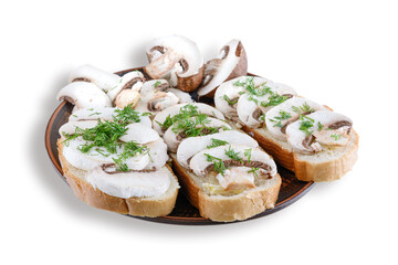 Sandwiches with raw mushrooms champignon and dill on a plate, white isolated background