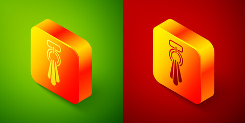 Isometric Towel on a hanger icon isolated on green and red background. Bathroom towel icon. Square button. Vector.