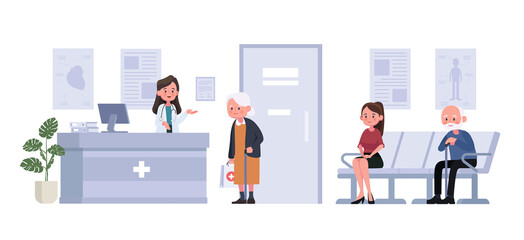 receptionist and patients sit and wait in front of room at hospital on flat style. Vector illustration cartoon character