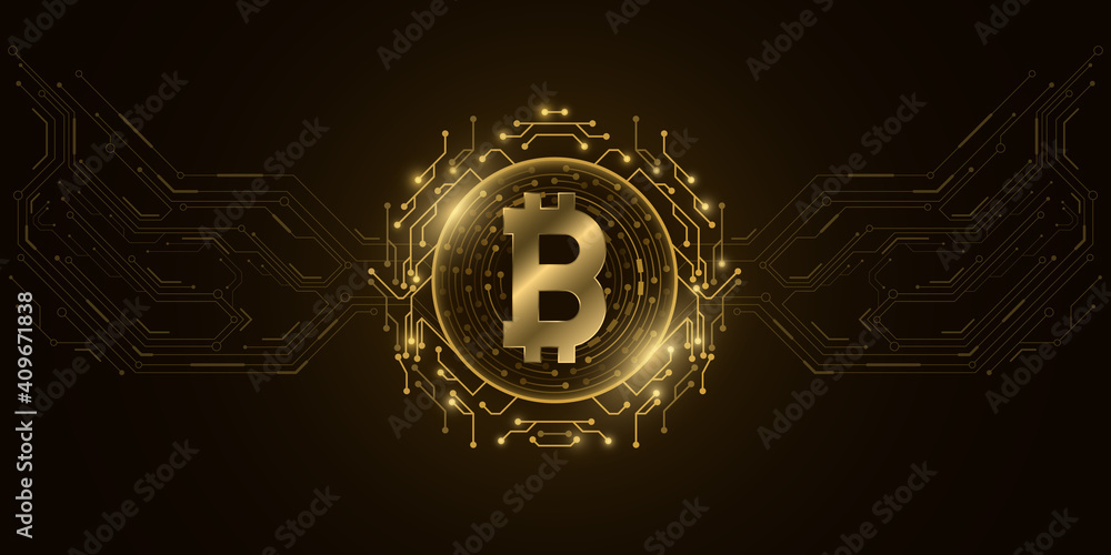 Poster futuristic golden bitcoin digital currency. computer circuit board pattern. concept of online crypto