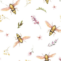 Stoffe zum Nähen Watercolor bee seamless pattern. Vintage wildflowers texture. Natural botanical wallpaper