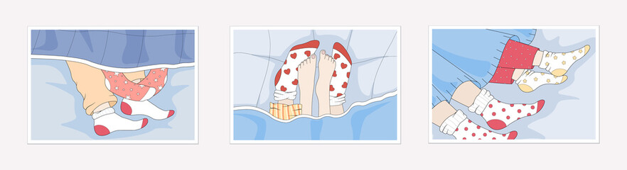 He and she sleep together. Set of vector posters with couples in love in bed. Man and woman hug in a warm relationship in pajamas. Legs in socks of lovers under the blanket. Lovely postcards.
