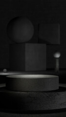 Monochrome stage with a pedestal and abstract geometric concrete shapes in the background in a minimalist modern realistic style design with empty space for text or logo. 3D rendering. Mock up