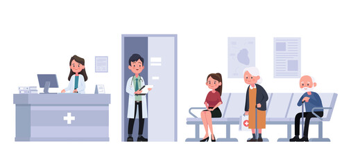 receptionist and patients sit and wait in front of room at hospital on flat style. Vector illustration cartoon character