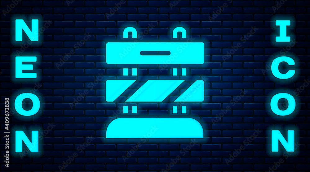 Poster glowing neon end of railway tracks icon isolated on brick wall background. stop sign. railroad buffe