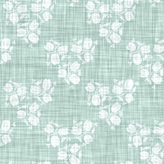 Aegean teal mottled flower linen texture background. Summer coastal living style 2 tone fabric effect. Sea green wash distressed grunge material. Decorative floral motif textile seamless pattern