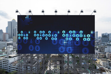 Glowing Social media icons on road billboard over panoramic city view of Bangkok, Southeast Asia. The concept of networking and establishing new connections between people and businesses.