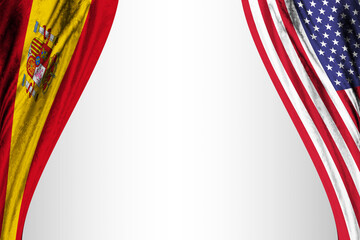 Flag of Spain and the United States of America with theater effect. 3D Illustration