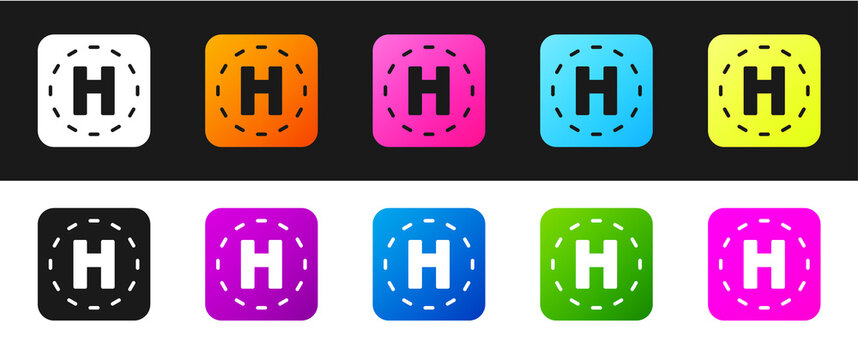 Set Helicopter landing pad icon isolated on black and white background. Helipad, area, platform, H letter. Vector.
