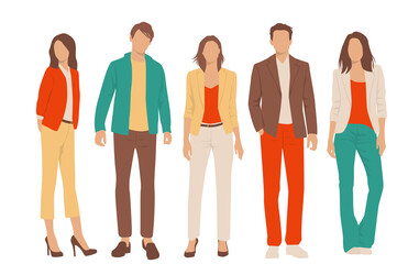 Obraz premium Set of young men and women, different colors, cartoon character, group of silhouettes of standing business people, students, the design concept of flat icon, isolated on white background