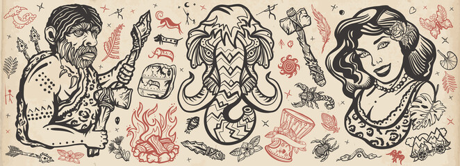 Obraz premium Stone age. Old school tattoo vector collection. Neolithic and epipaleolithic people. Homo sapiens evolution art. Cave man neanderthal, hunting mammoth, prehistoric woman. Primitive technology set