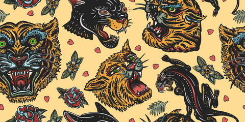 Tigers and black panthers seamless pattern. Asian wild cats heads. Old school tattoo art. Traditional tattooing, japan art style
