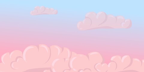 Clouds background.
 Pink and blue. Clouds in the shape of hearts. drawn in cartoon style vector illustration isolated on white background