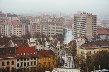 Naklejka na ściany i meble Amazing view from above of Budapest, Hungary in Winter during a rainy day.