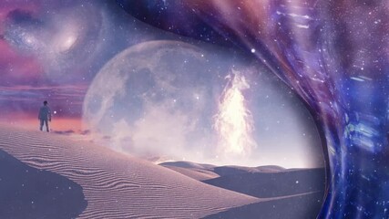Desert of dreams. Warped space and man in suit