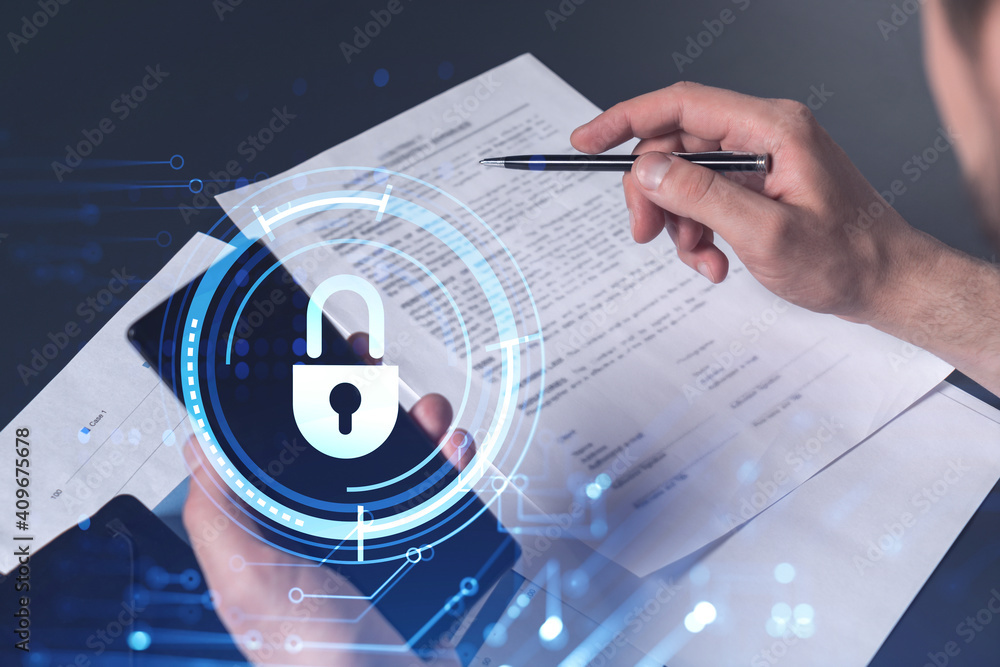 Poster a businessman in casual wear signing the contract to prevent probability of risks in cyber security.