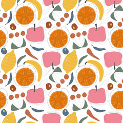 Bright vector seamless pattern with oranges, bananas, cherries and lemon. The modern illustration is made with free forms and lines. Contemporary design for paper, cover, fabric and other.